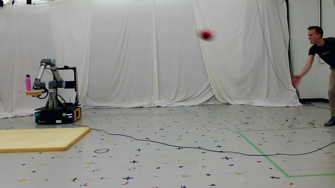 The robot must dodge a thrown ball while balancing the pink bottle. The robot must dodge a thrown ball while balancing the pink bottle.